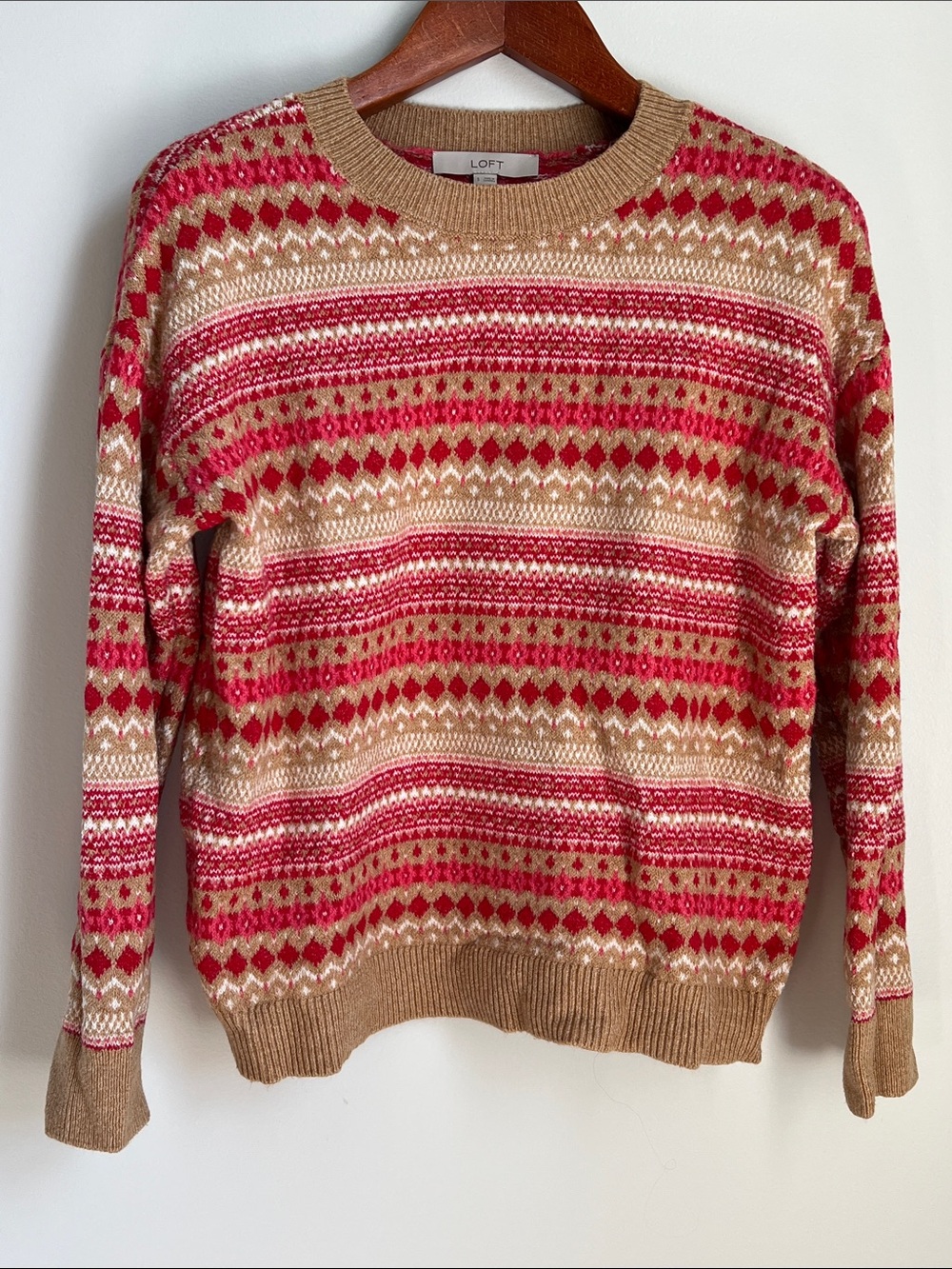 LOFT | Red, Tan & Cream Fair Isle Crewneck Sweater #753643 Size S